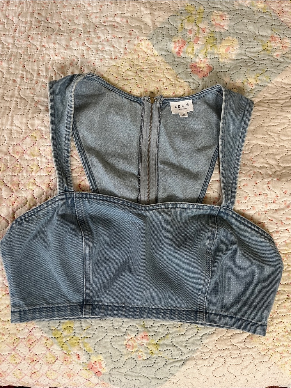 Le Lis Light Blue Denim Crop Top with Zipper Back